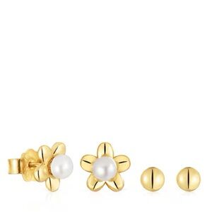 Tous Gold Flower Pearl Stud Earrings — Gold and White